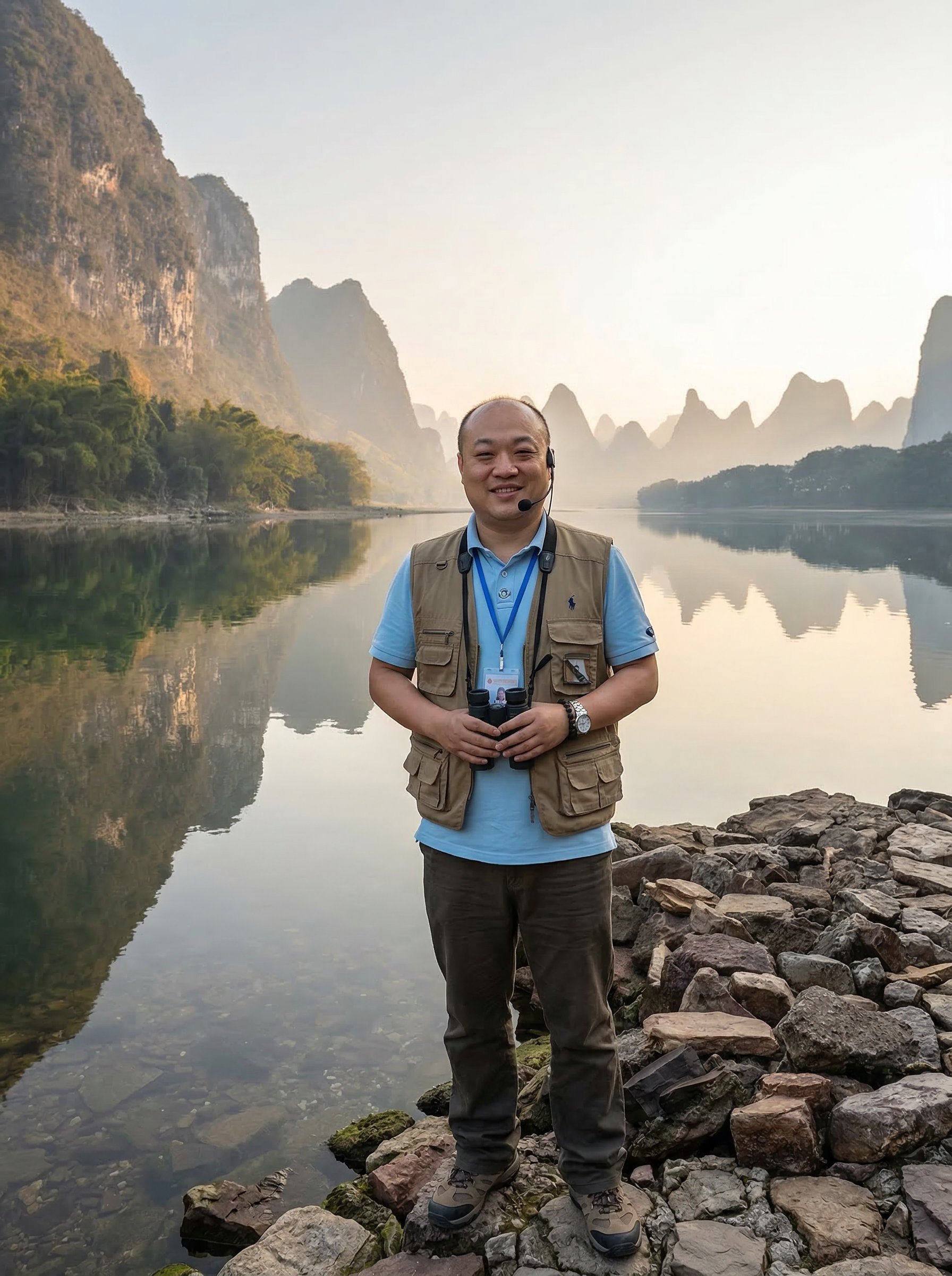 Baker Gu beside the Li River and karst mountains in Guilin