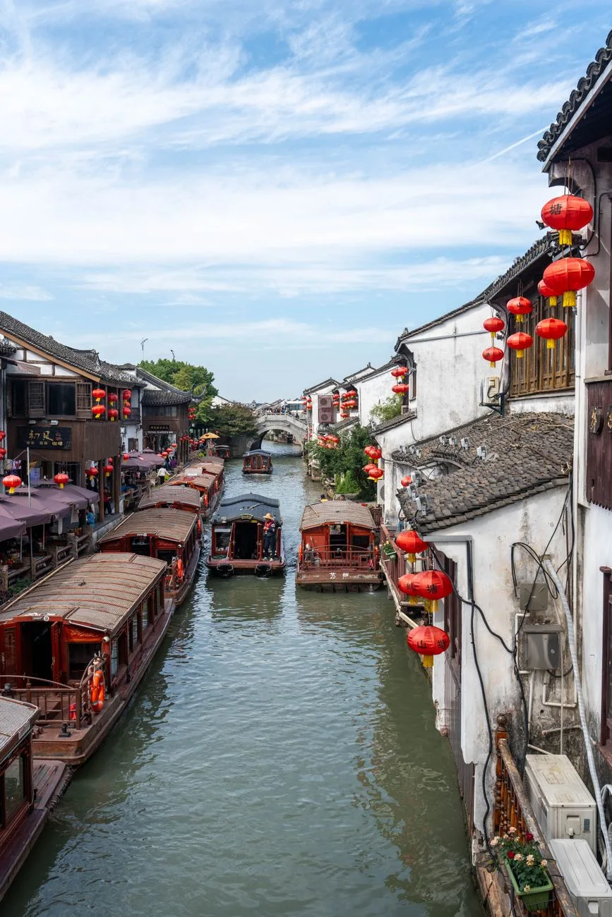Red lanterns beside a canal in a Jiangnan water town