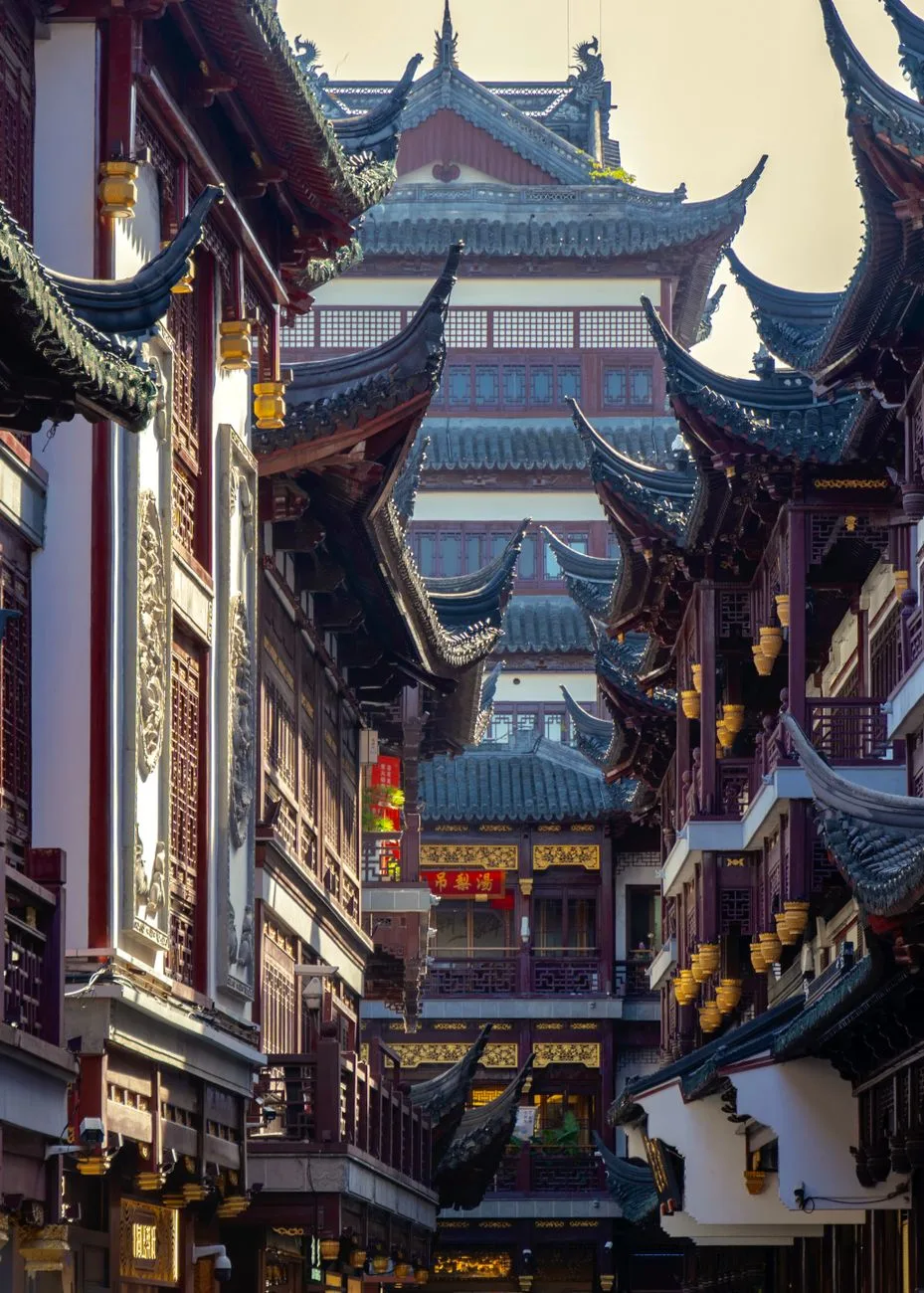 Traditional covered walkway and garden architecture at Yu Garden