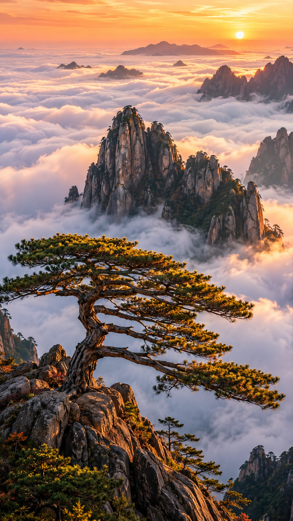 Mt. Huangshan's twisted pines and granite peaks rising through a sea of clouds at sunrise
