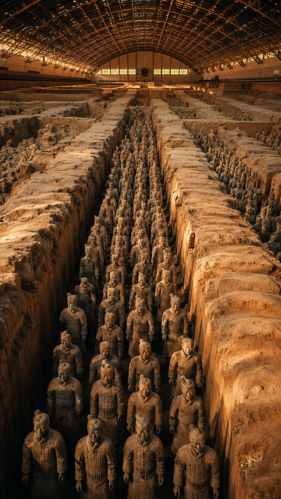 Ranks of life-sized terracotta warrior statues standing in their excavation pit in Xi'an