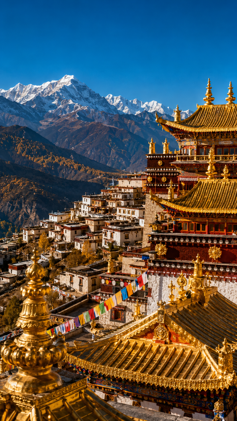 Songzanlin Monastery's gold rooftops and Tibetan architecture with snow mountains behind