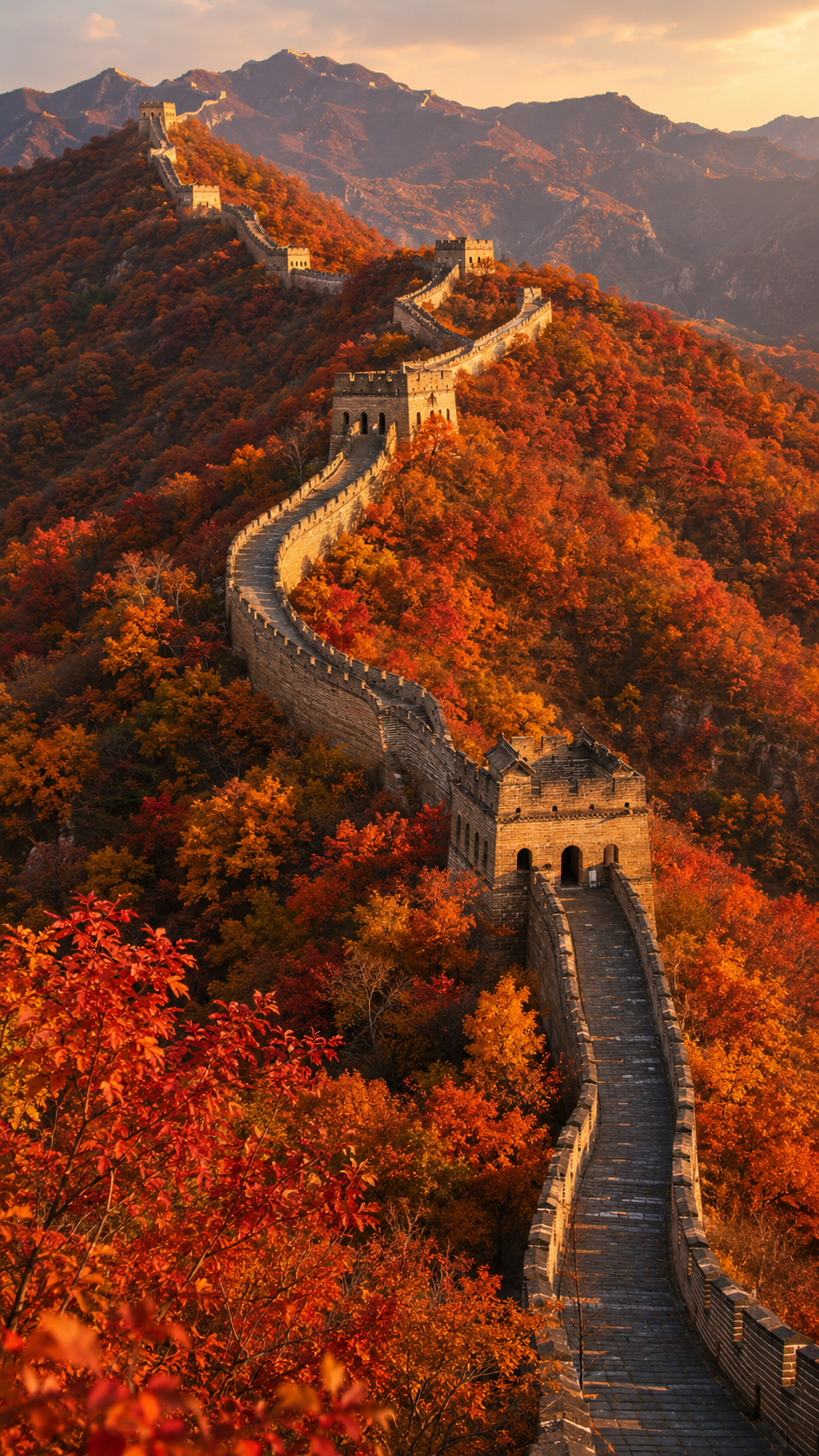 The Great Wall of China snaking through autumn-coloured forested mountains