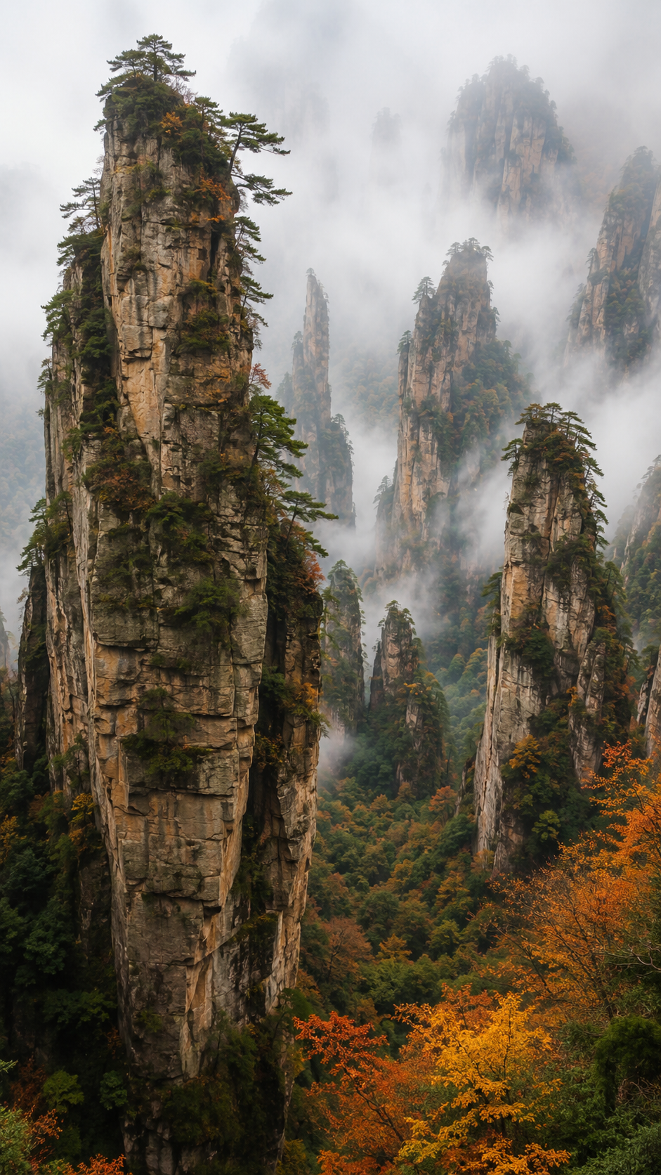 Vertical sandstone pillars rising through morning mist in Zhangjiajie National Forest Park