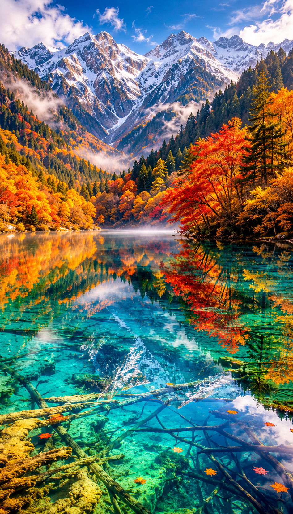 Turquoise alpine lakes surrounded by autumn-coloured forest in Jiuzhaigou Valley