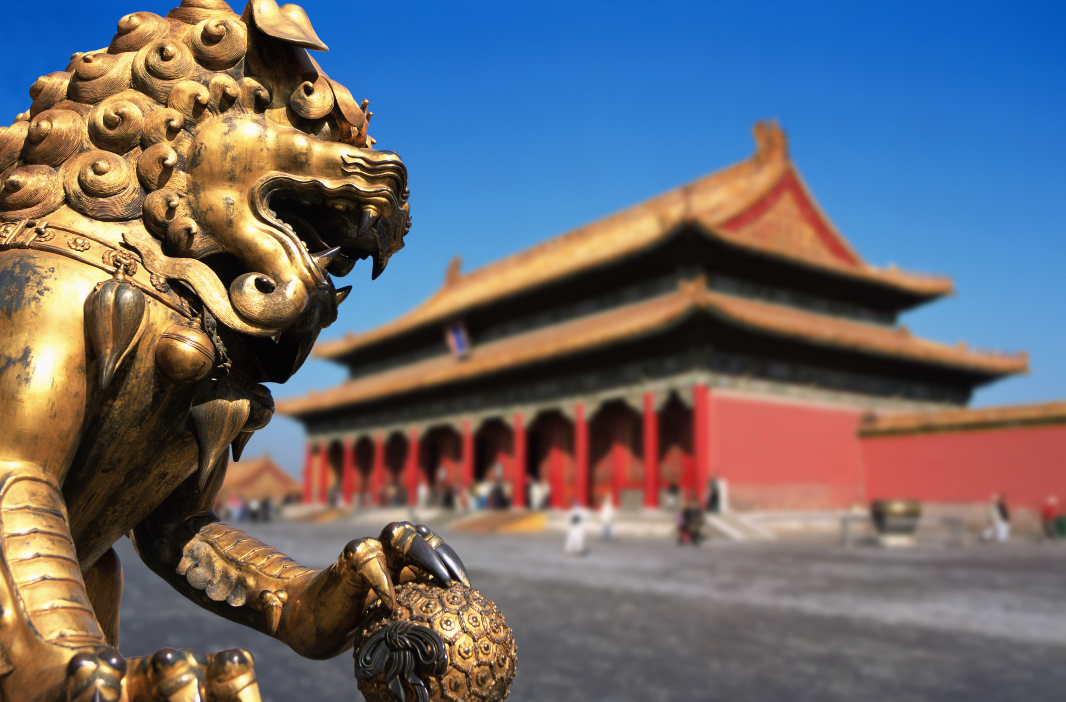 A stone guardian lion at the Forbidden City, symbol of imperial Beijing