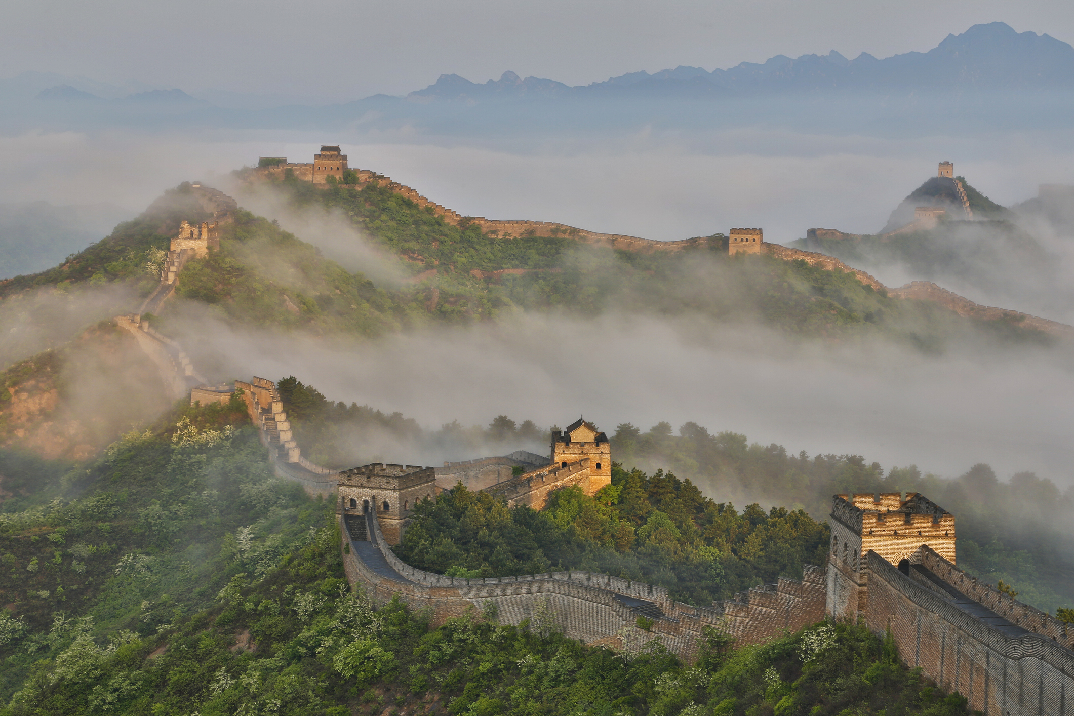 Looking east along the Mutianyu section of the Great Wall in morning mist