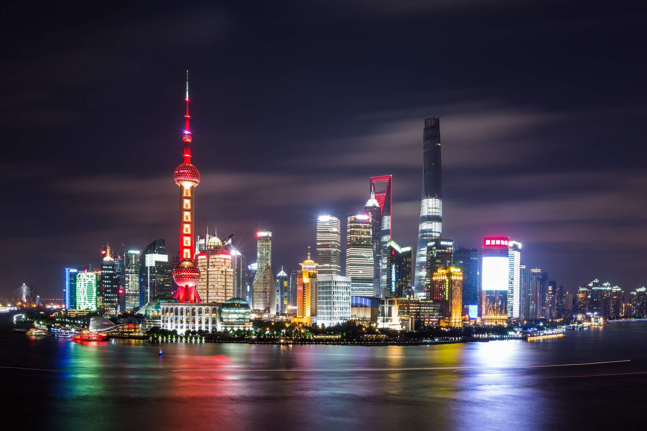 Shanghai’s illuminated waterfront at night