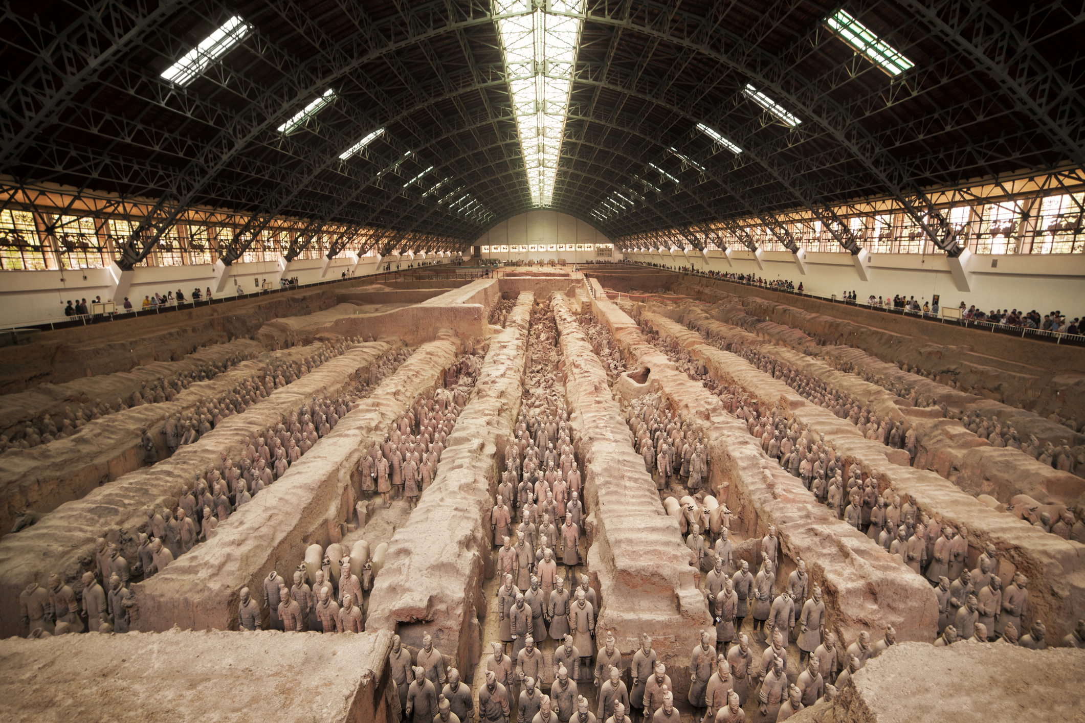 The main excavation in Pit 1 showing rows of terracotta warriors in the Qin Shi Huang mausoleum complex
